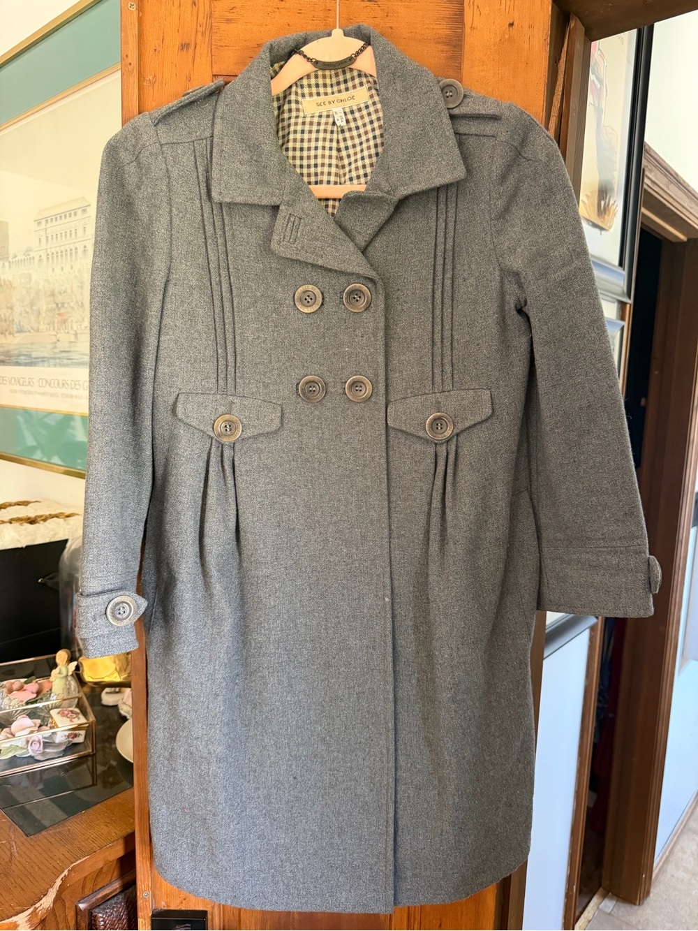 See By Chloe Gray Double-Breasted Wool Pea Coat